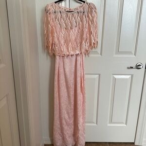 Vintage 80s Pink Satin Jacquard Gown Lace Capelet‎ Overlay | ILGWU Union Made